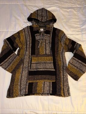 Mexican Poncho Baja Hoodie Artesanias Cuamatz Colors Brown Mustard Size Medium